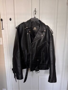 Crescent Bikers Black Leather Biker Jacket with Fringe Accents